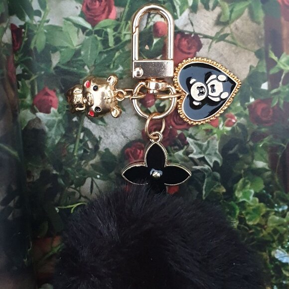 Women Black Charms Fur Pom Pom Key Chain Key Ring Handbag Purse Charm Accessory - Picture 4 of 5